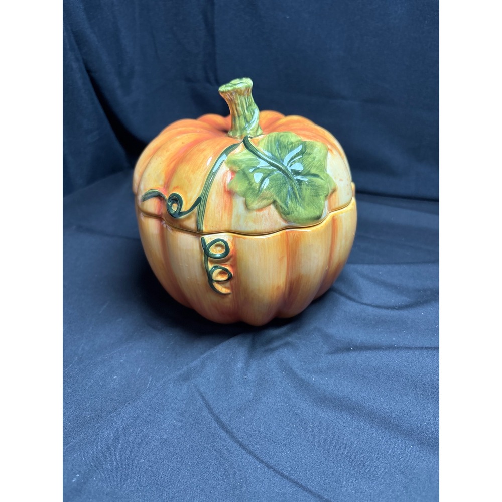 Dario Farucci Designs Ceramic Pumpkin Lidded Bowl Orange Fall Harvest Decor